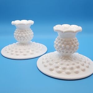 Pair Of Vintage White Hobnail Candle Holders